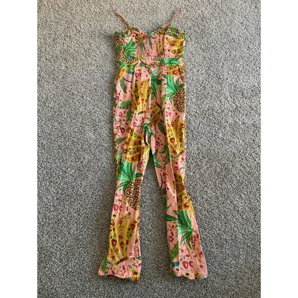 Farm Rio Womens Sz XS Smocked Jumpsuit Tropical Fruit Design /Pockets - Picture 6 of 13